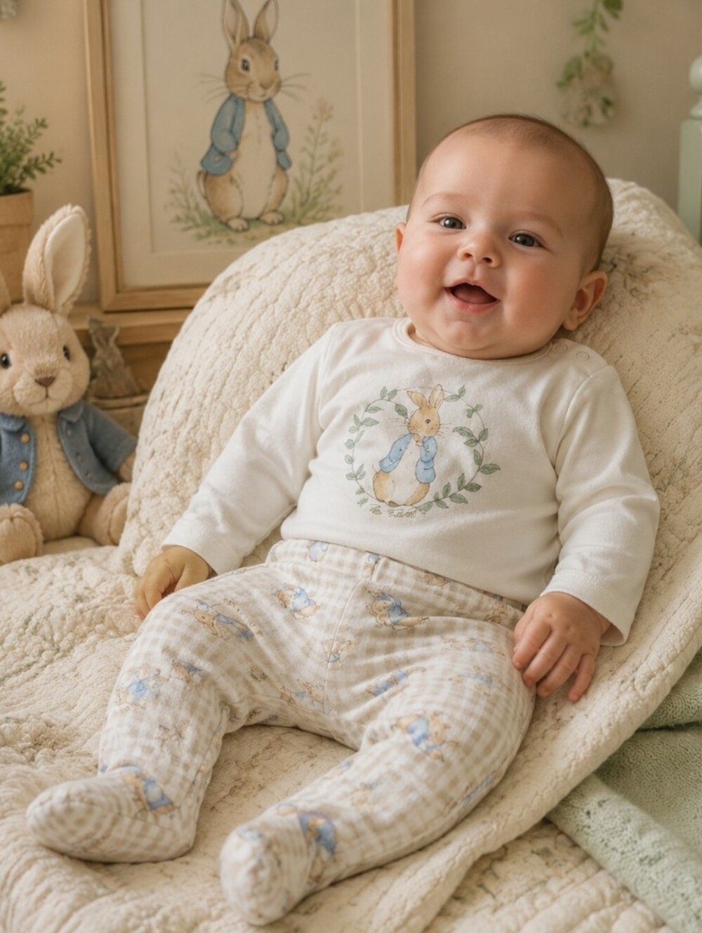 White & Beige Peter Rabbit Baby Footed Pajama Set | 3-6M